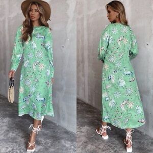 Zara Zodiac print satin midi maxi dress in mint green Sz XS NWT long sleeve